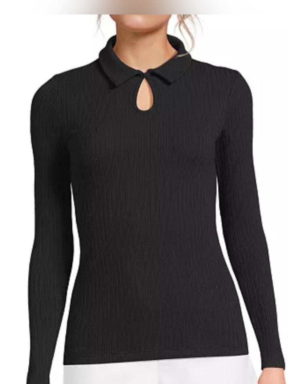 Lands' End Black Ribbed Keyhole Polo Long-Sleeve Top 2X